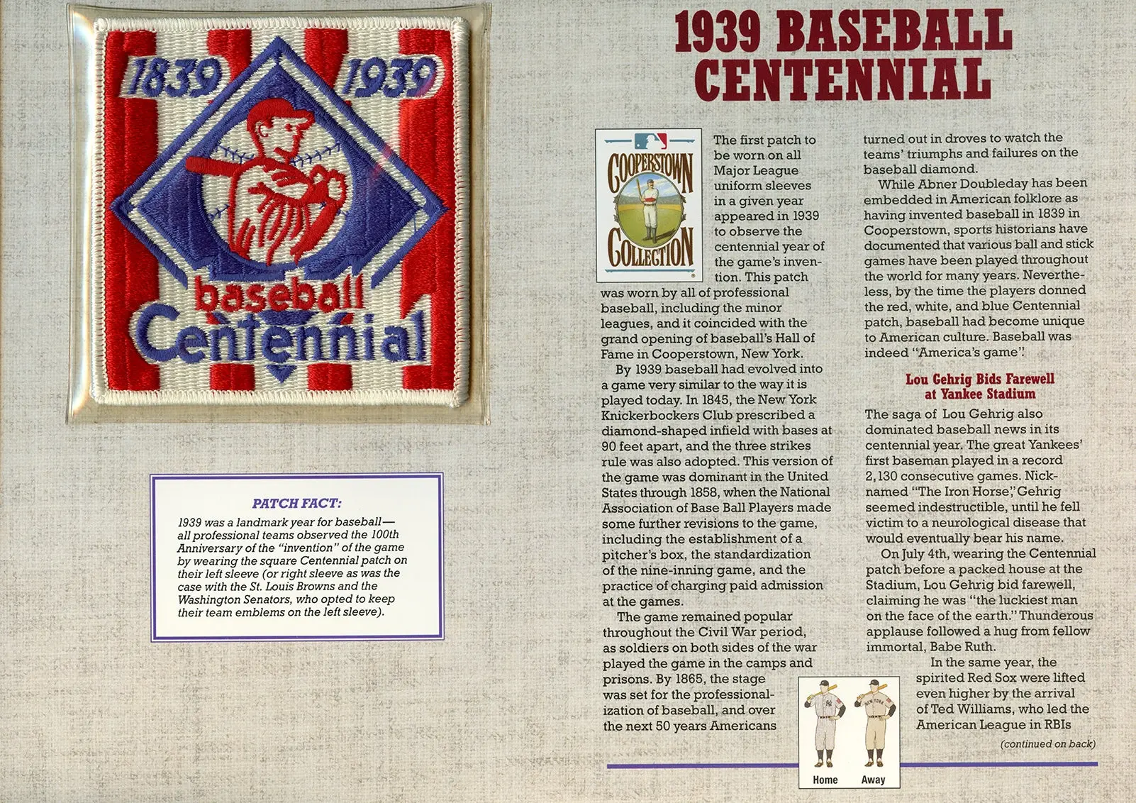 1939 Baseball Centennial Willabee & Ward Patch With Stat Card