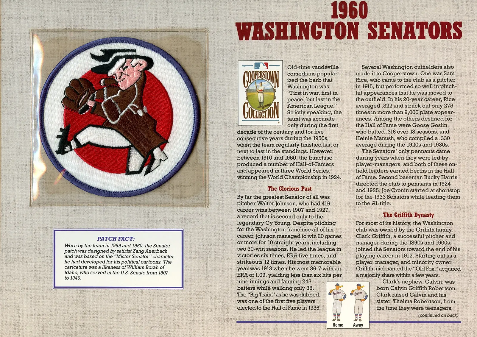 1960 Washington Senators Willabee & Ward Patch With Stat Card