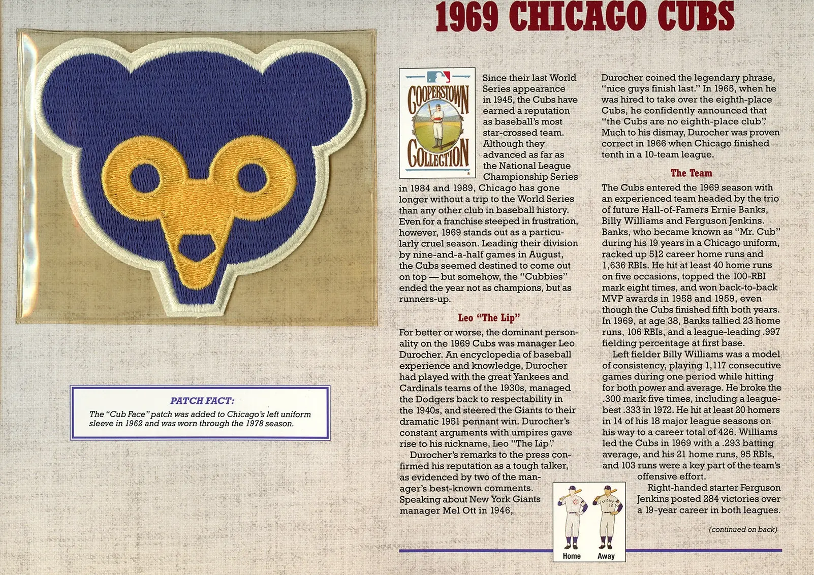 1969 Chicago Cubs Willabee & Ward Patch With Stat Card