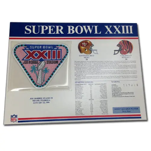1989 NFL Super Bowl XXIII Logo Willabee & Ward Patch With Header Board (Cincinnati Bengals vs. San Francisco 49ers)