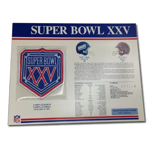 1991 NFL Super Bowl XXV Logo Willabee & Ward Patch With Header Board (Buffalo Bills vs. New York Giants)