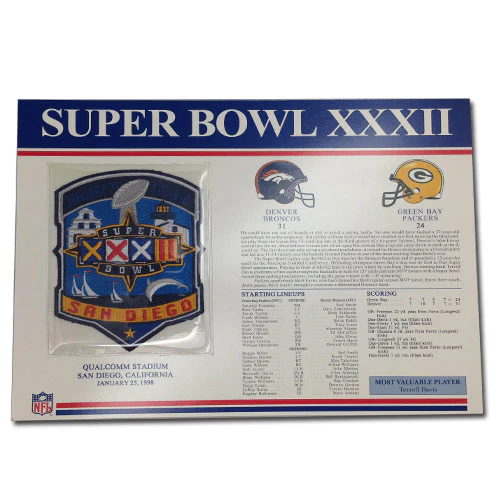 1998 NFL Super Bowl XXXII Logo Willabee & Ward Patch With Header Board (Denver Broncos vs. Green Bay Packers)