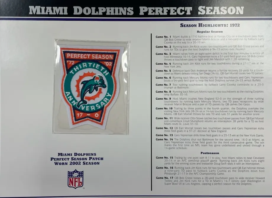 2002 Miami Dolphins 1972 Perfect Season Anniversary Willabee & Ward Patch With Stat Card