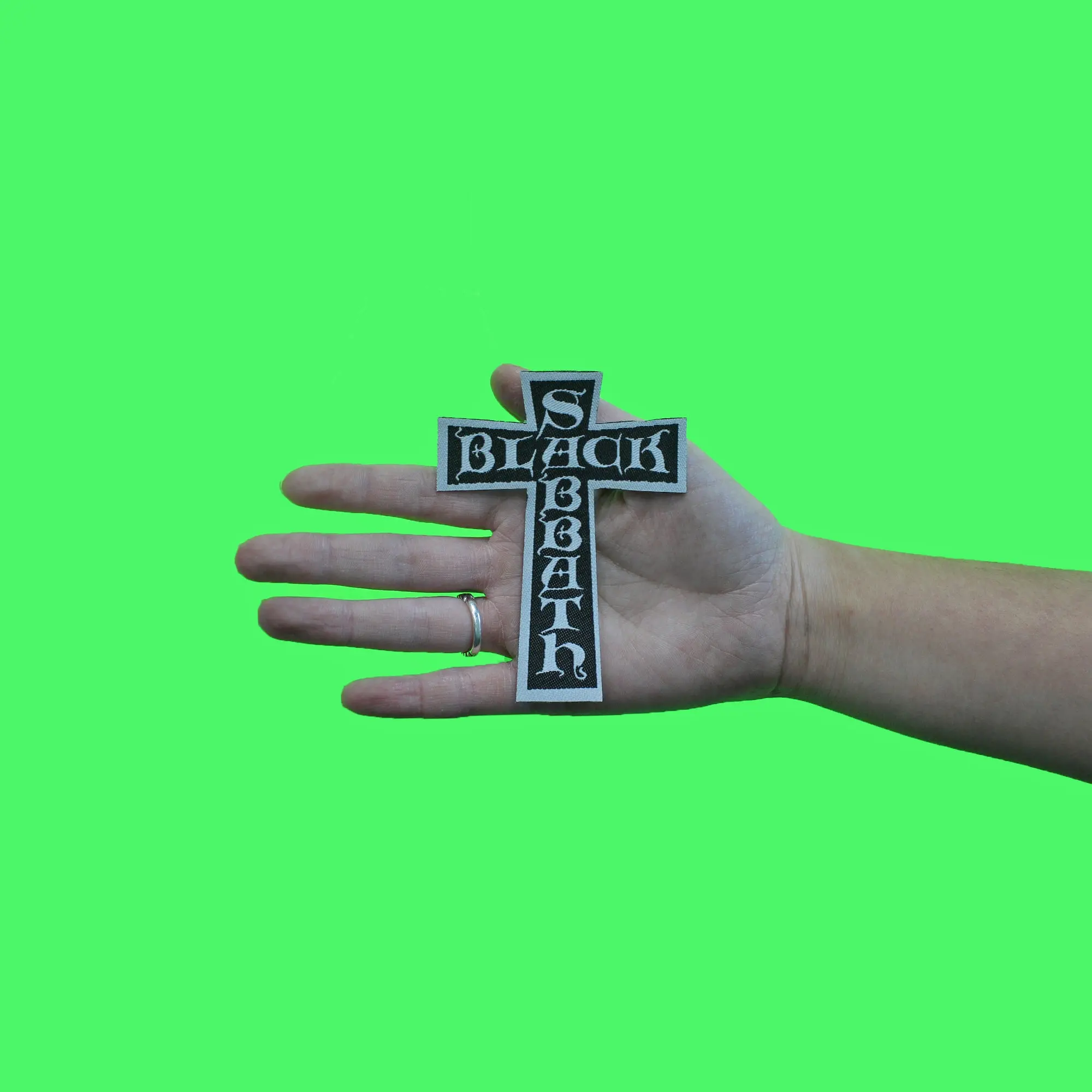 Black Sabbath White/Black Patch Cross Rock Music Woven Sew On - Image 2