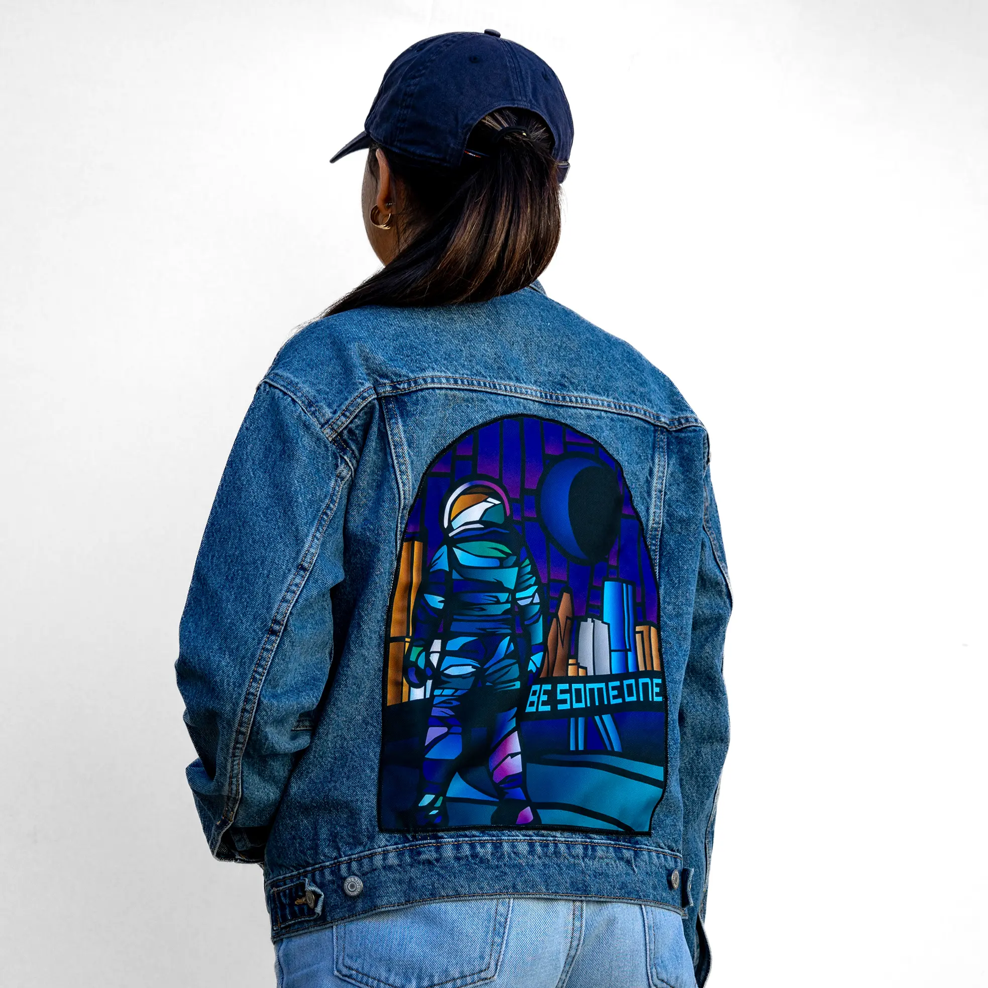 Custom Houston Astronaut Be Someone Stain Glass Window Denim Jacket - Image 2