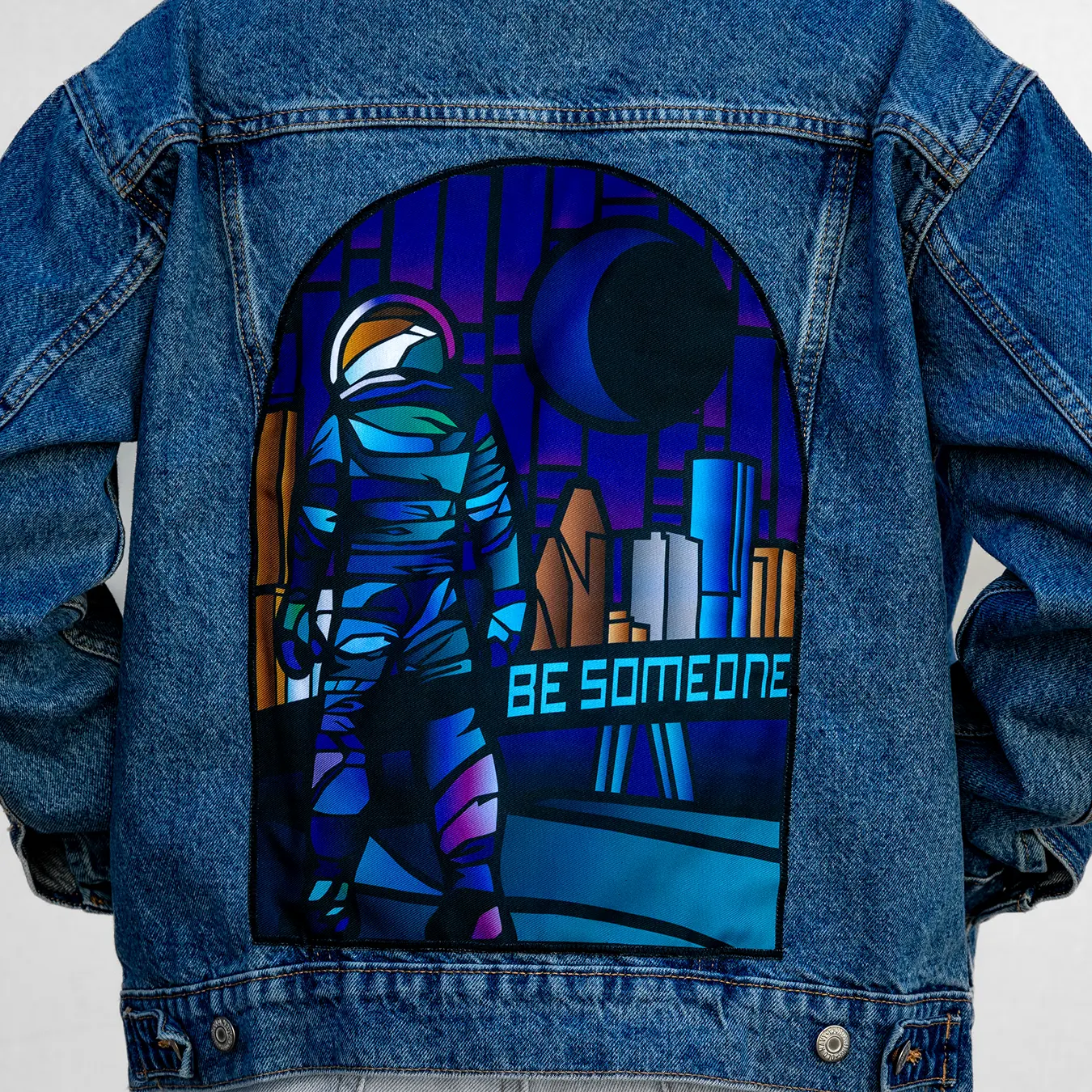 Custom Houston Astronaut Be Someone Stain Glass Window Denim Jacket - Image 3