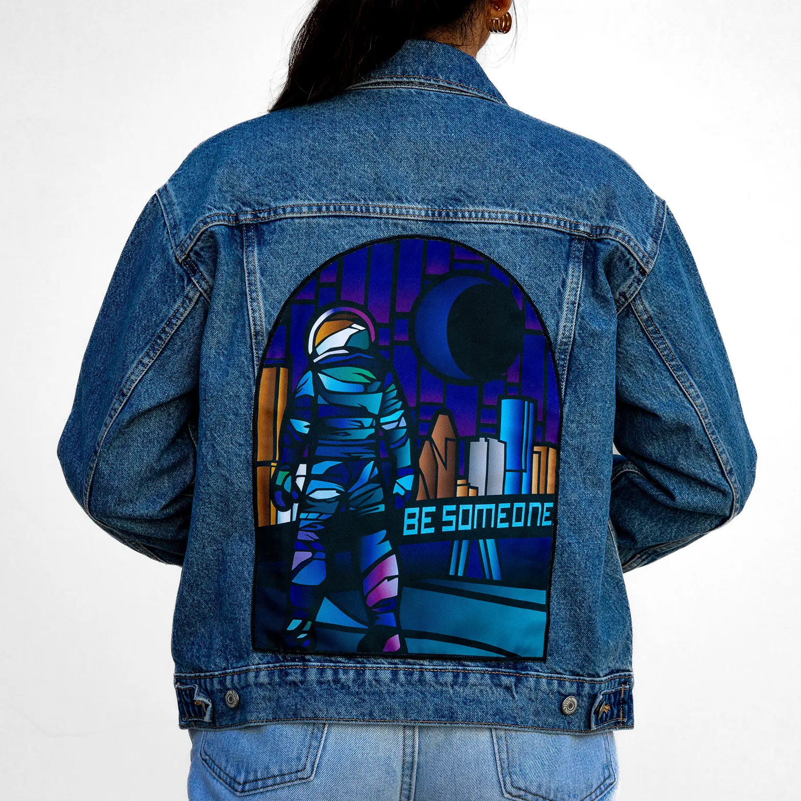 Custom Houston Astronaut Be Someone Stain Glass Window Denim Jacket - Image 4