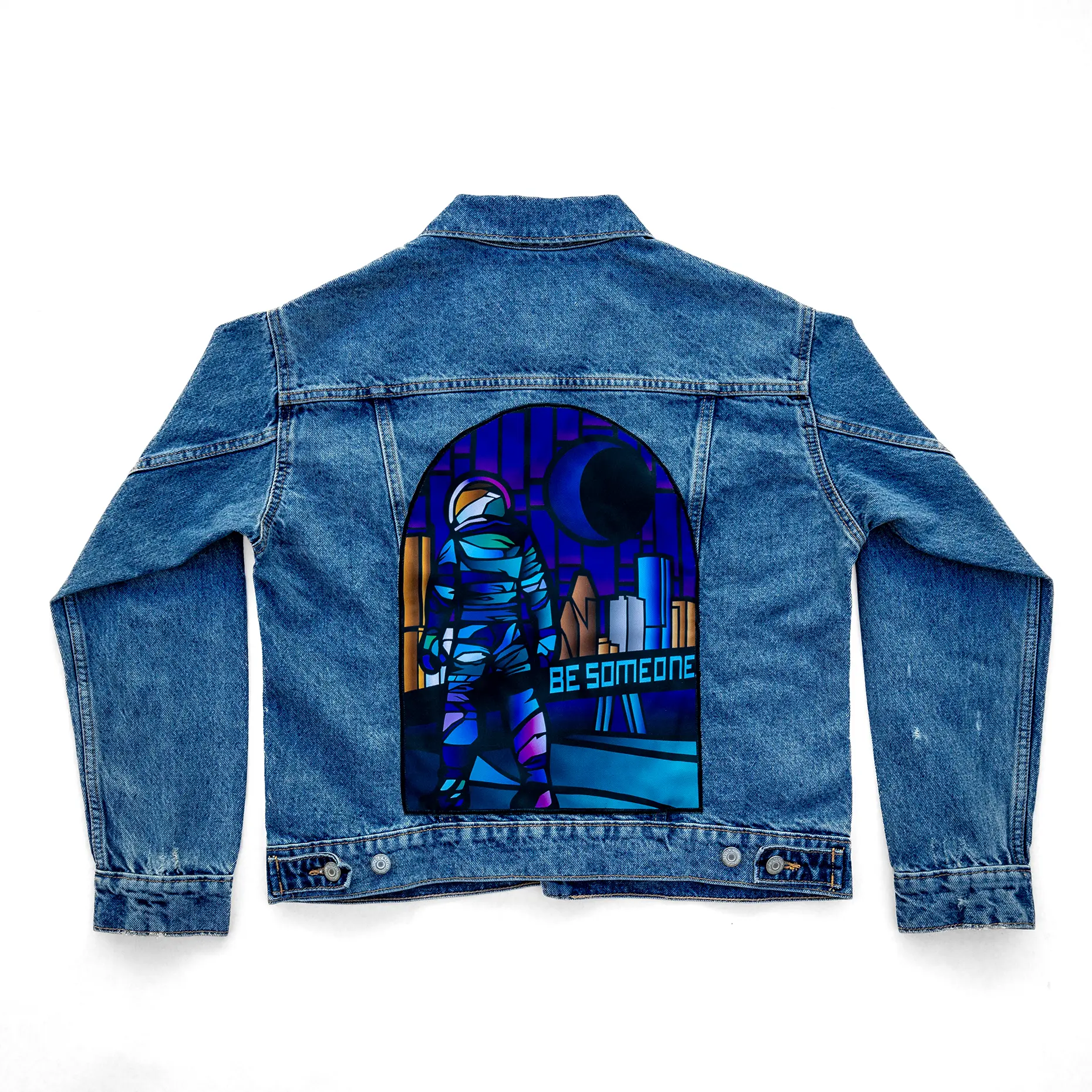 Custom Houston Astronaut Be Someone Stain Glass Window Denim Jacket - Image 5
