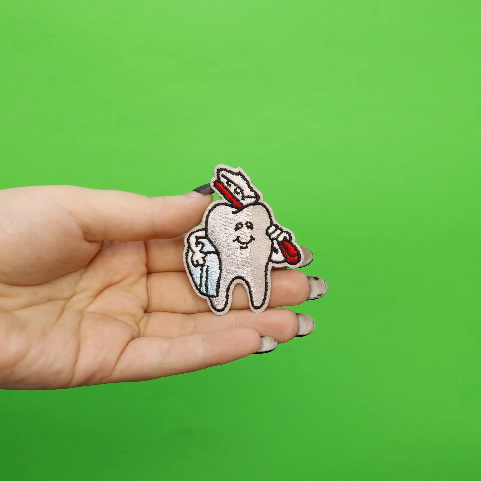 Happy Tooth With Toothbrush And Floss Embroidered Iron On Patch - Image 2