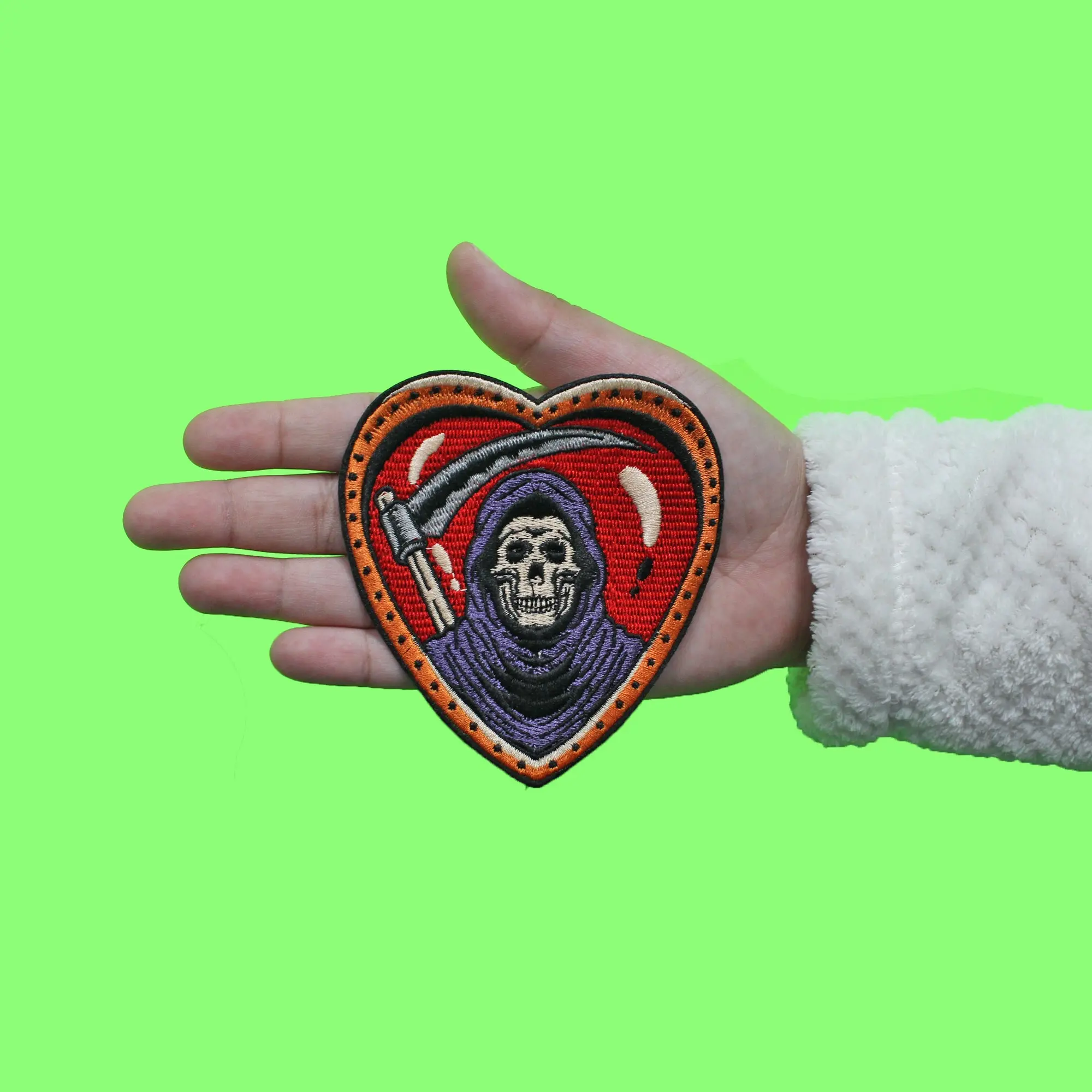 Grim Reaper Heart Flash Tattoo Patch Death Skull Embroidered Iron On - Image 2