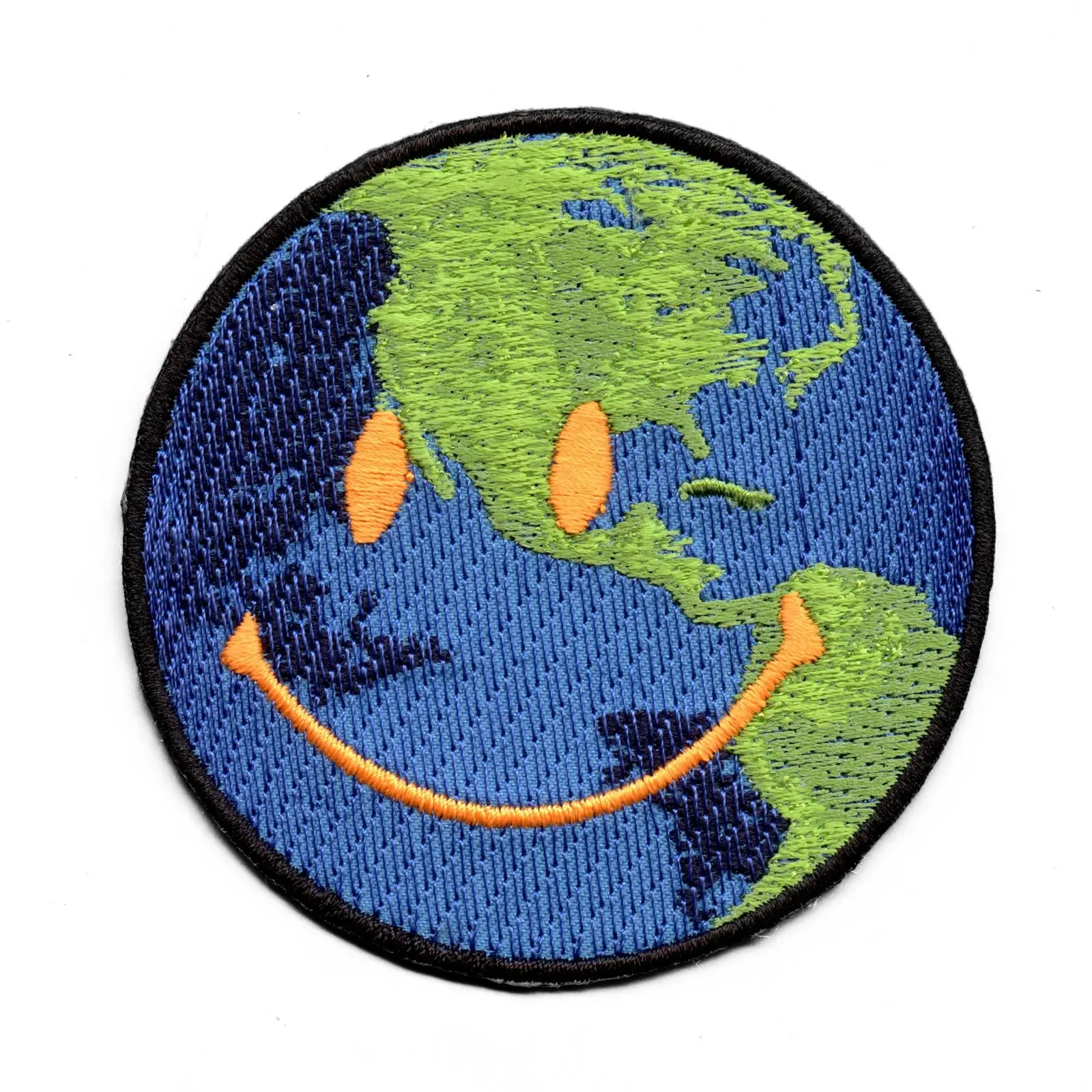 Happy Face Earth Patch Smiley Circle World  Embroidered Iron On Patch
