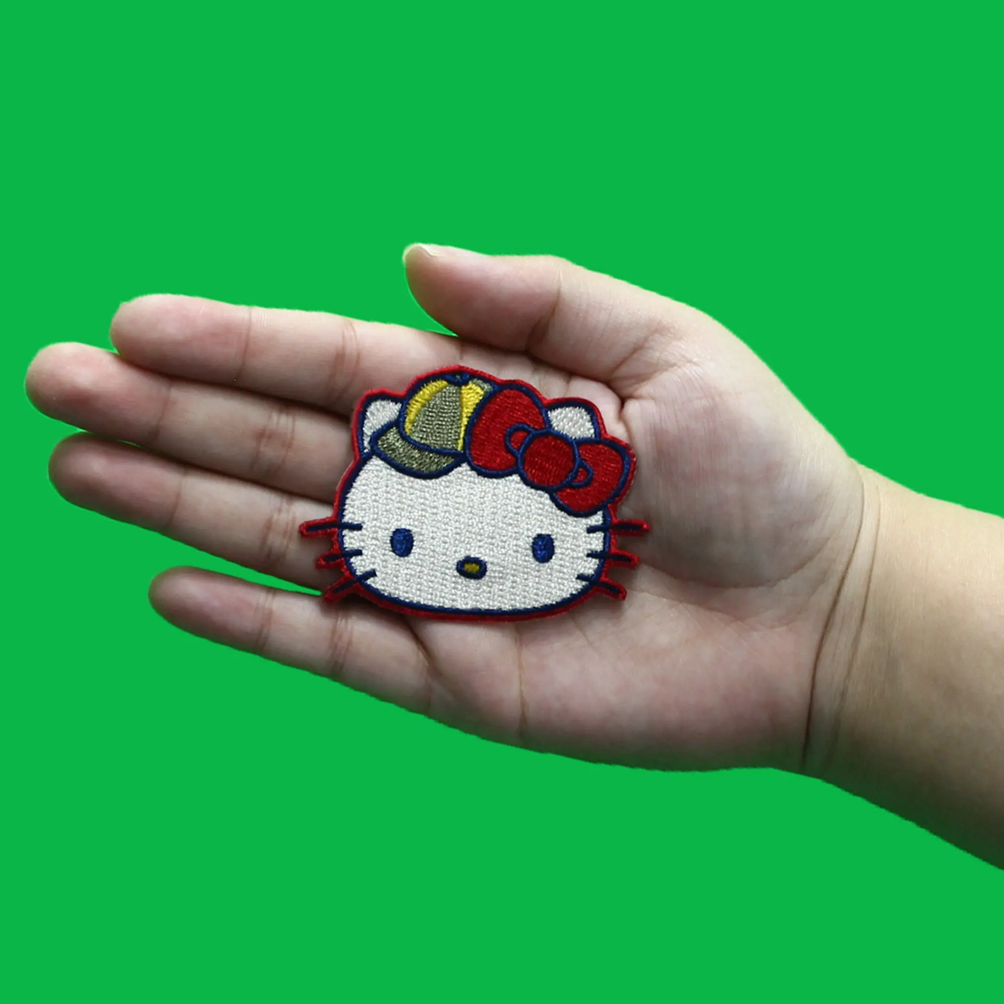 Hello Kitty Striped Hat Patch Red Bow Head Shot Embroidered Iron On - Image 2