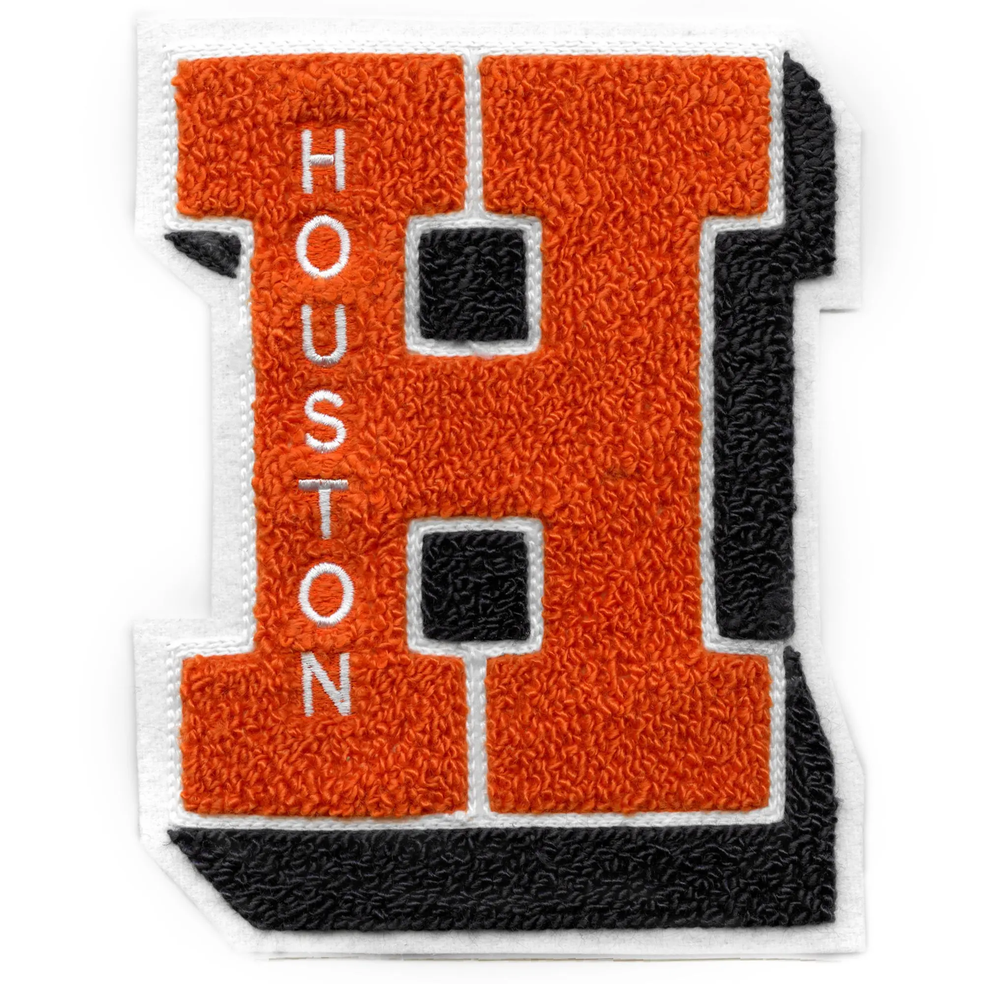 Houston Shadow H Letter Patch Orange and Blue Baseball Varsity Jacket Chenille Iron On