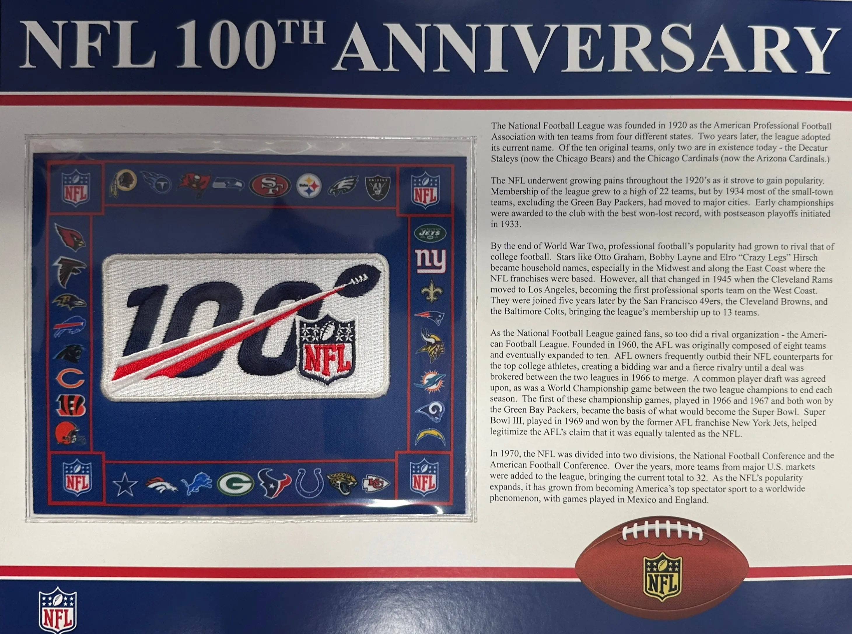 NFL 100th Anniversary Willabee & Ward Patch With Stat Card