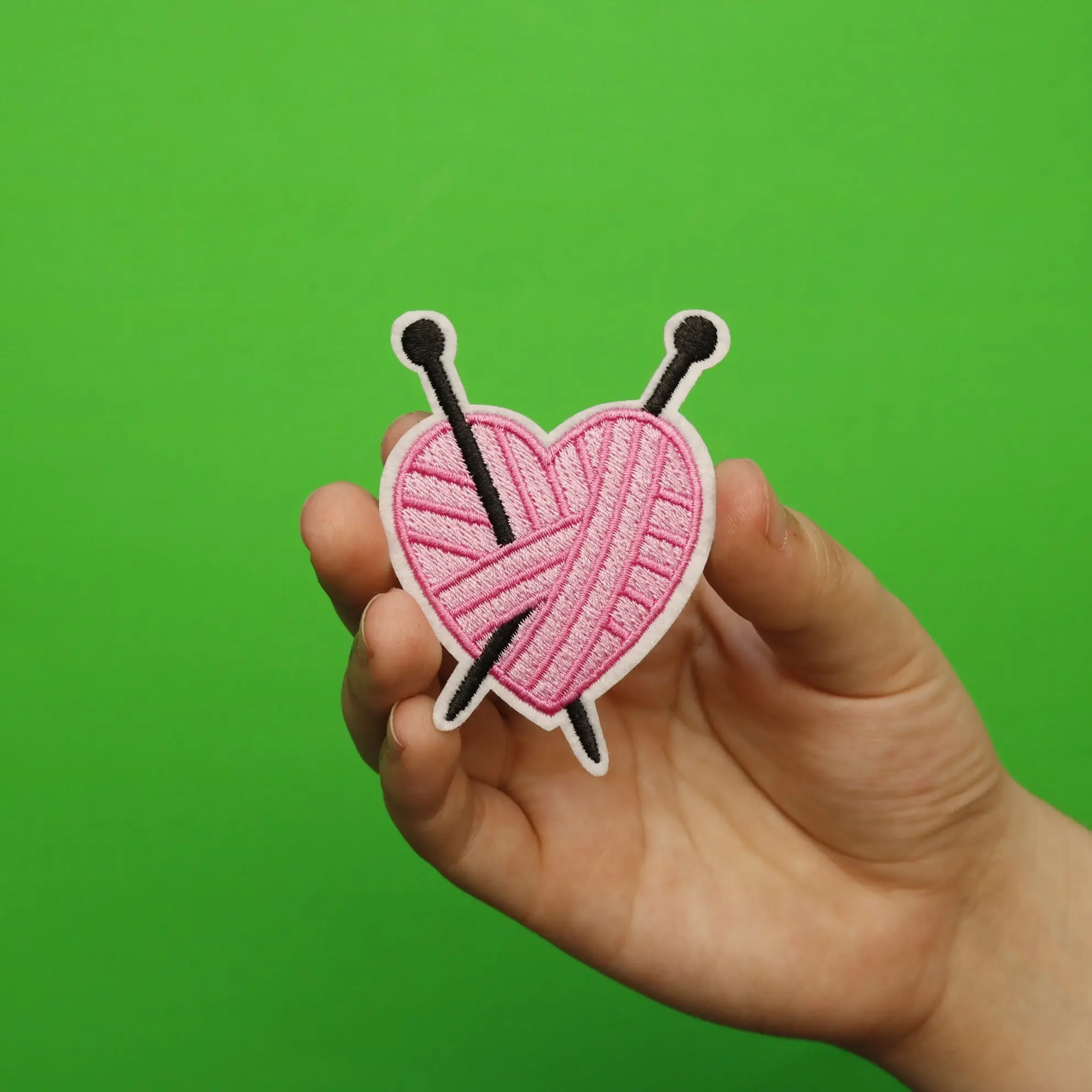 Pink Yarn Ball Heart With Knitting Needles Embroidered Iron On Patch - Image 2