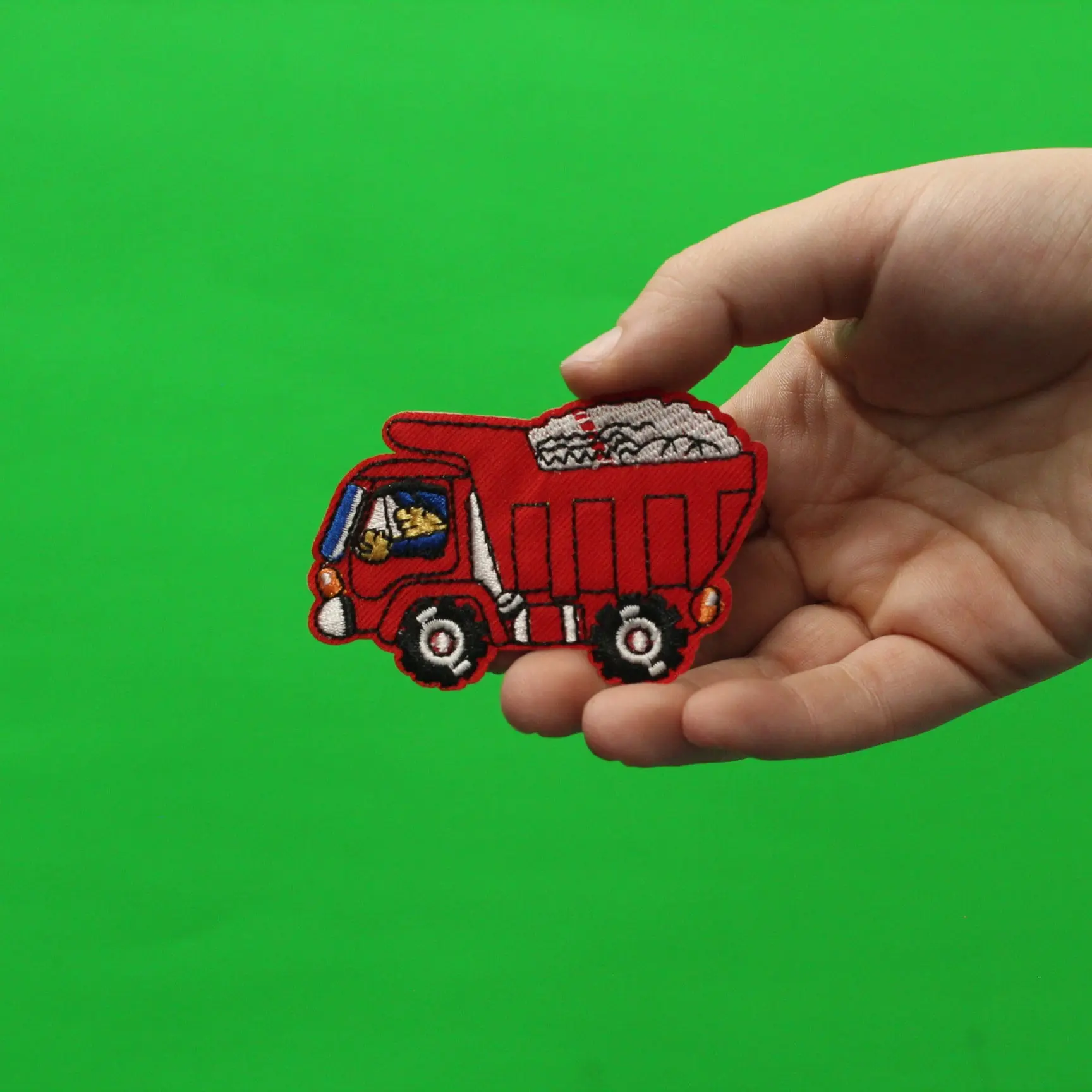 Red Dump Truck With Man Driving Embroidered Iron On Patch - Image 2