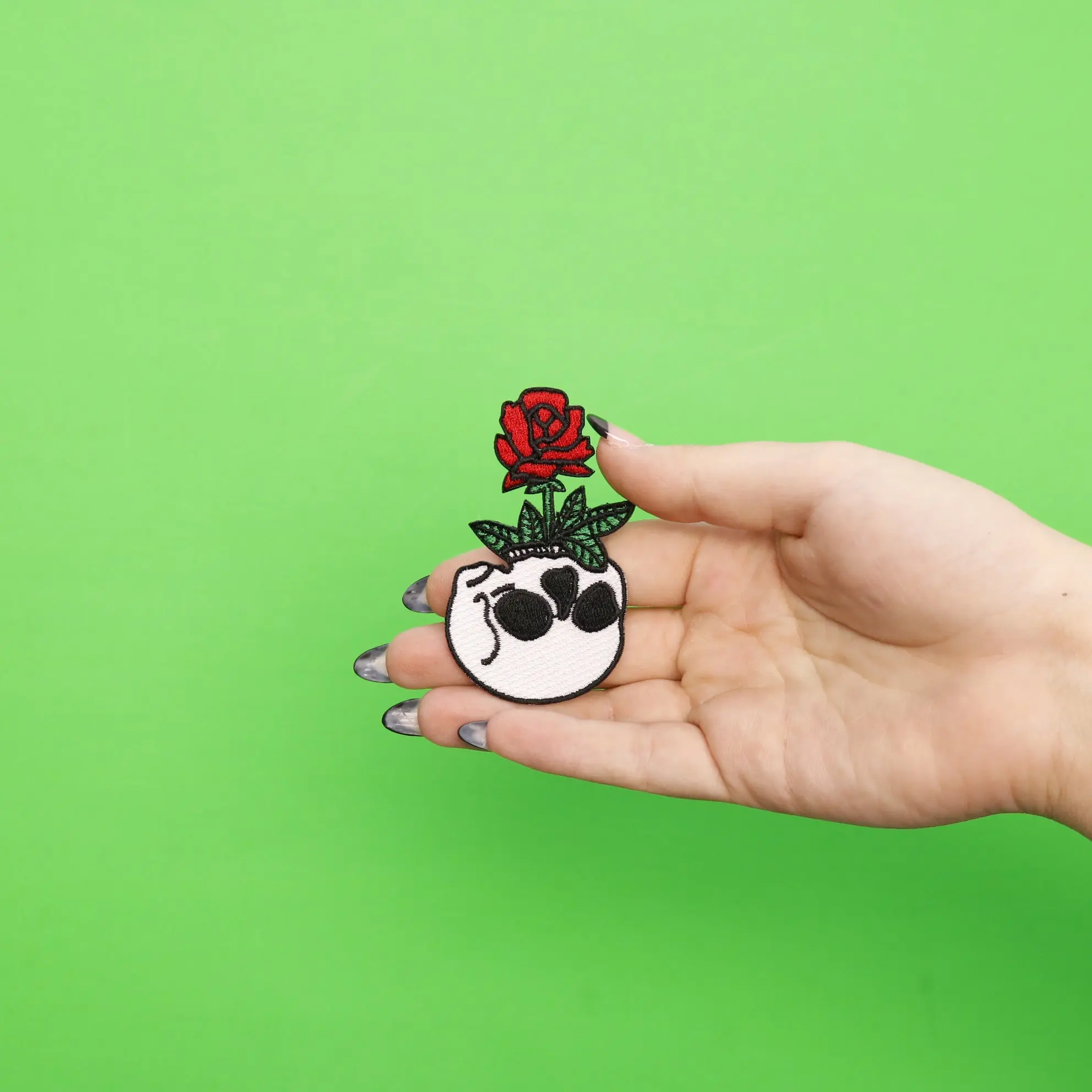 Rose In Skull Flower Pot Iron On Embroidered Patch - Image 2