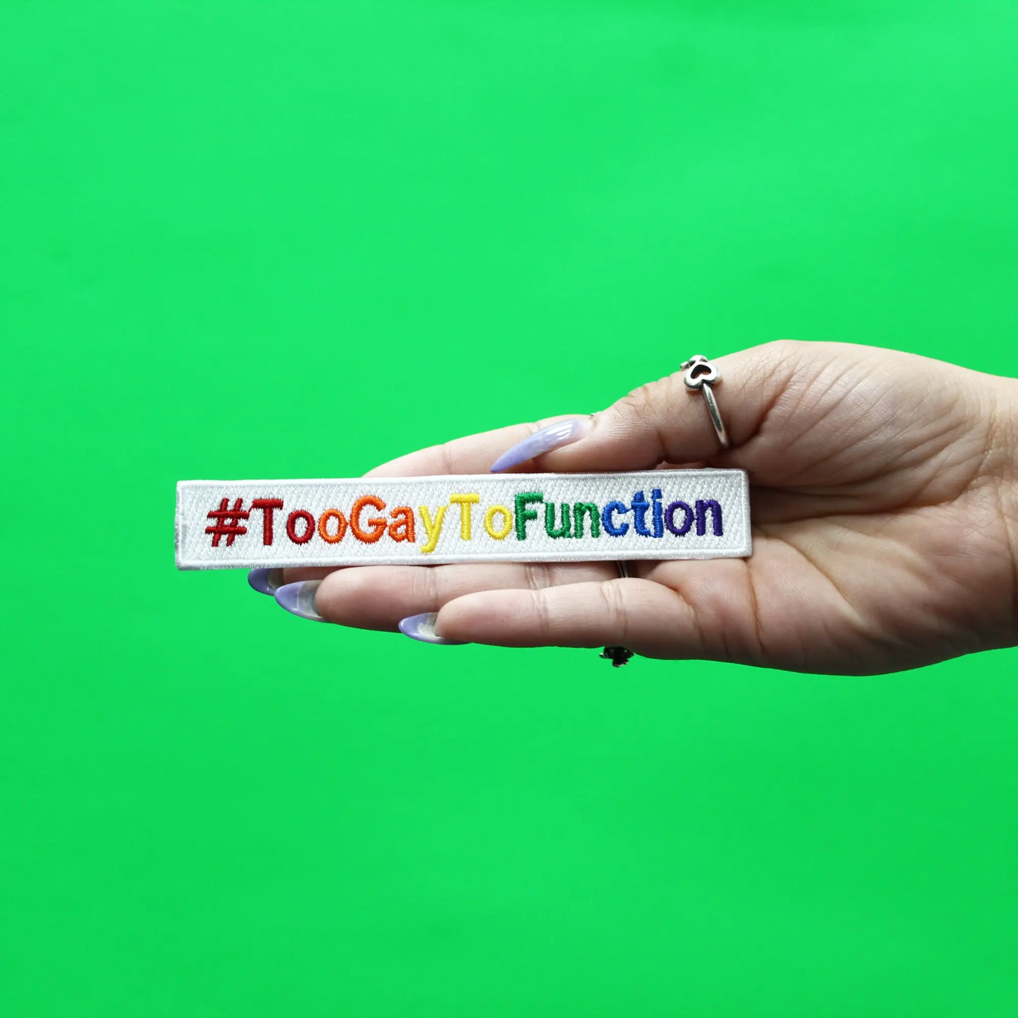 Too Gay To Function Hashtag Patch LGBTQ+ Friend Embroidered Iron On - Image 2