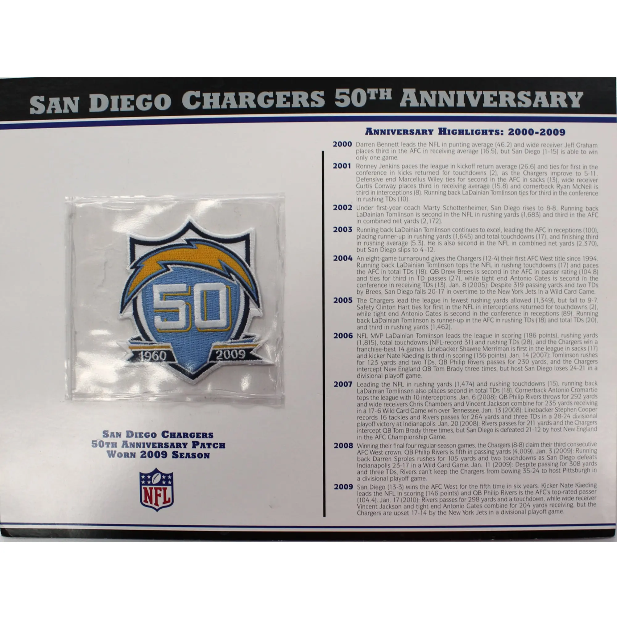San Diego Chargers 50th Anniversary Willabee & Ward Patch With Stat Card NFL