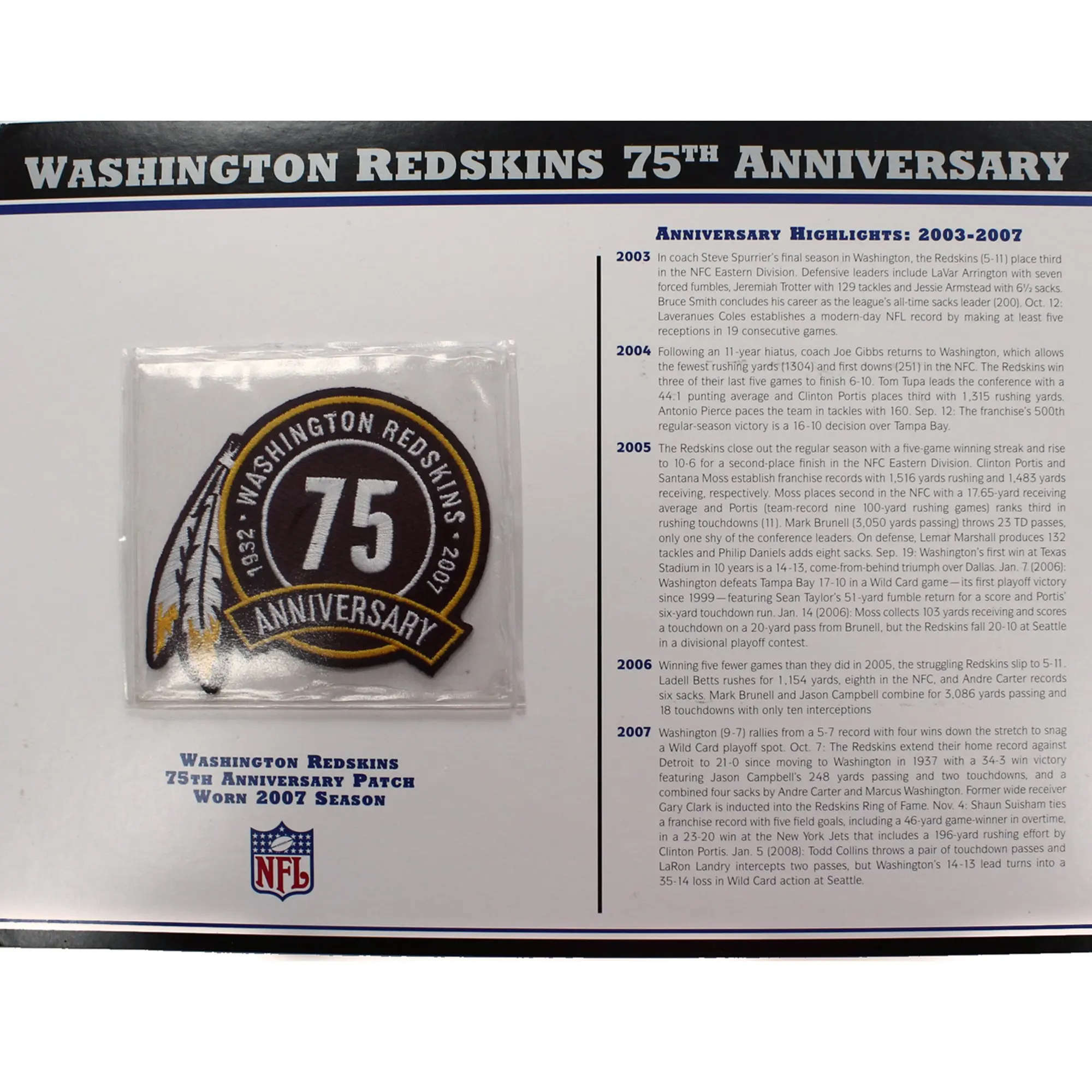 Washington Redskins 75th Anniversary Willabee & Ward Patch With Stat Card NFL