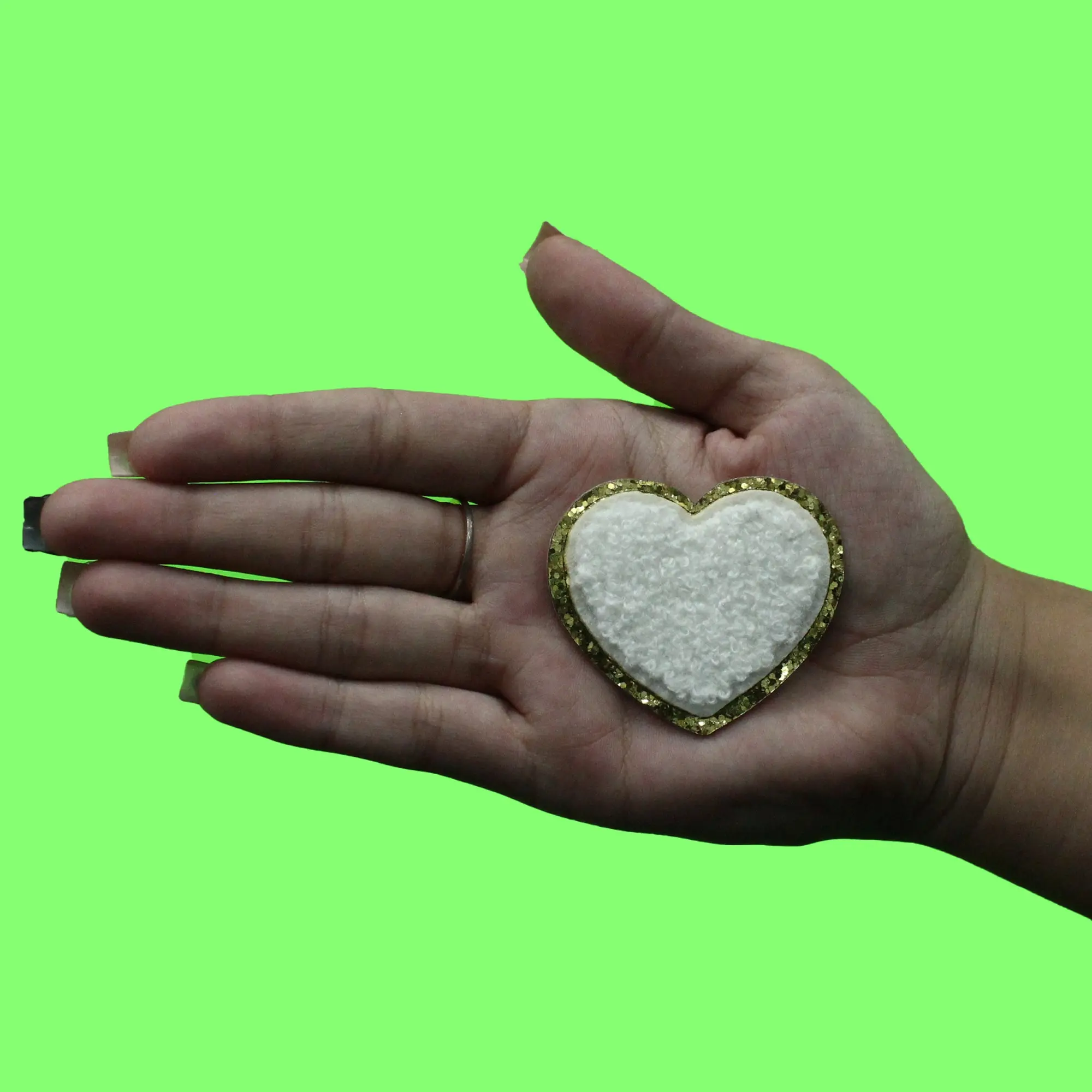 Lovely White Heart Patch Cute Golden Girly Chenille Iron On - Image 2