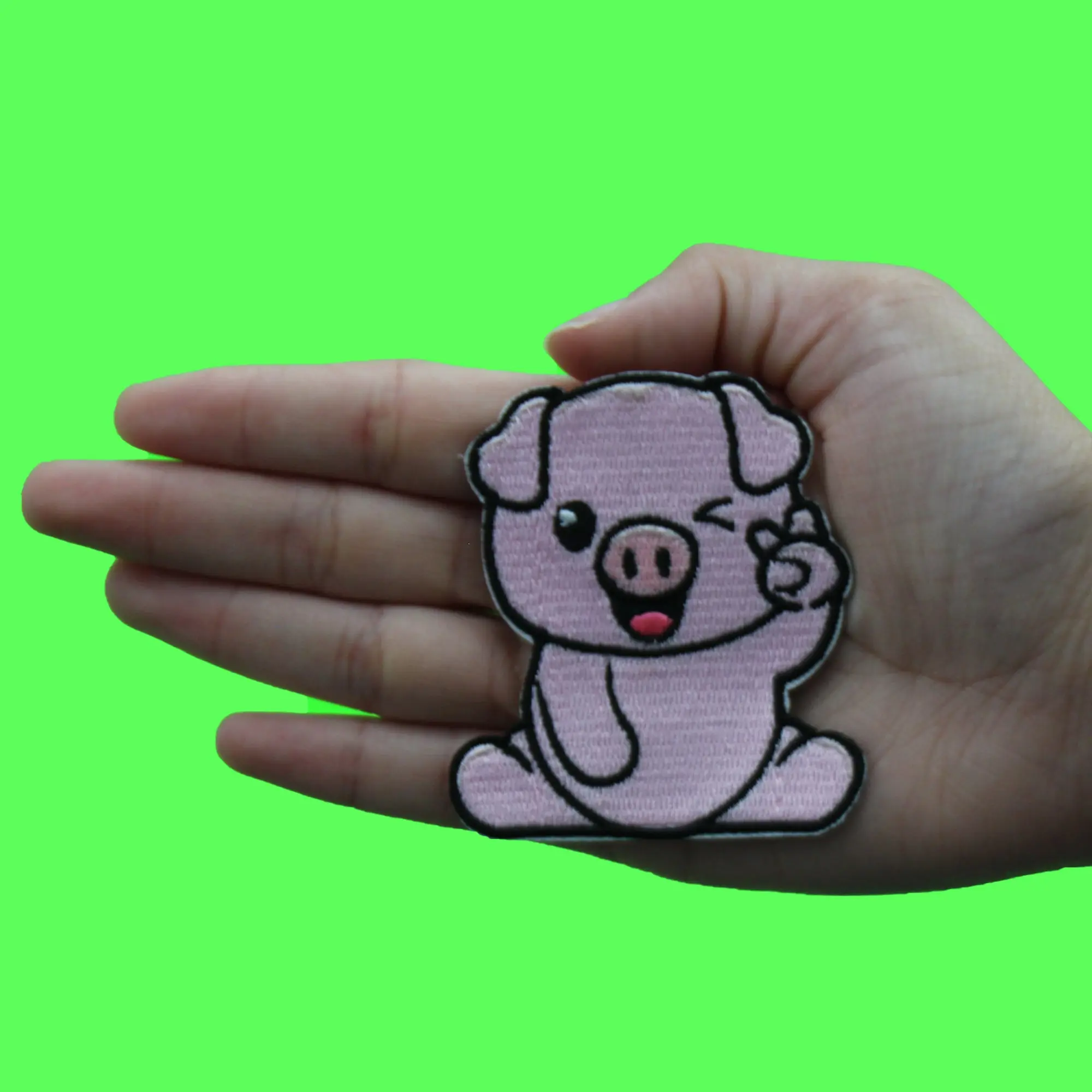 Winking Peace Pig Patch Cute Cartoon Mammal Embroidered Iron On - Image 2